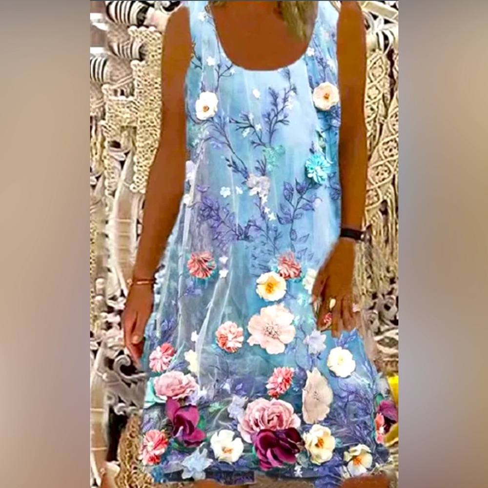 New A-Line Floral Flowy Round Neck Dress Boho Sz S